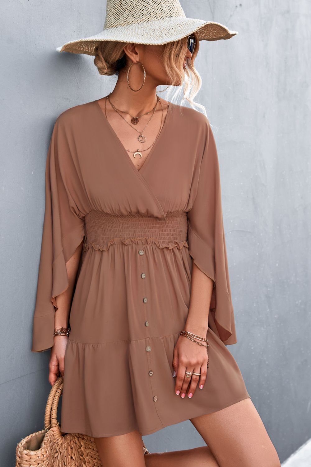 Decorative Button Smocked Waist Surplice Dress Decorative Button Smocked Waist Surplice Dress